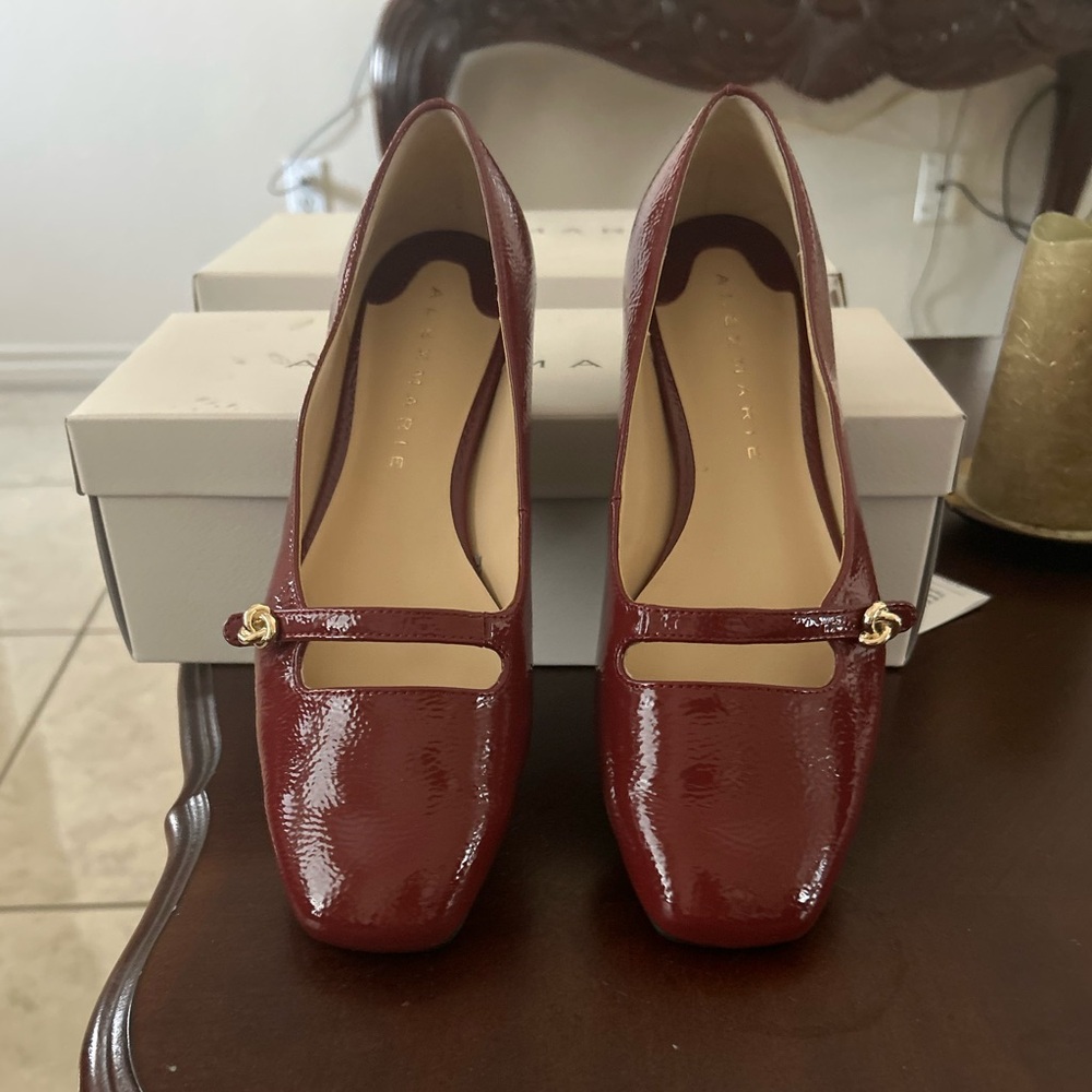 Alex Marie Burgundy Patent Mary Jane Flats with Gold Accent